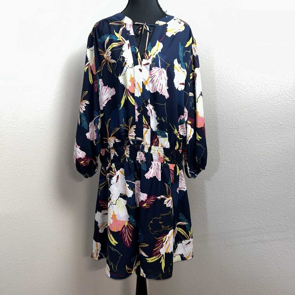 Kaari Blue Mini Dress Women's XL Blue Floral Print Cinched Waist Lined Flowy